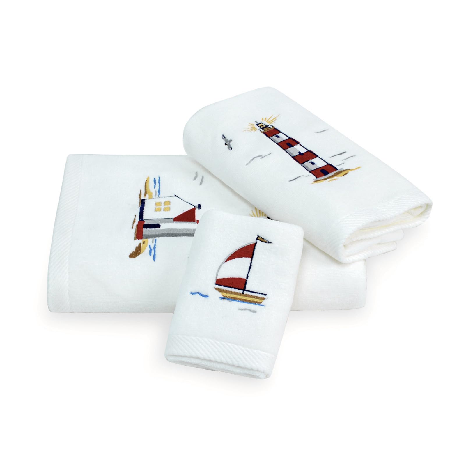 LIlianna Starfish and Seashell 3 Piece Towel Set 100% Cotton | Summer Beach Ocean Towels | Supersoft, Highly Absorbent & Quick Dry (White, Lighthouse)