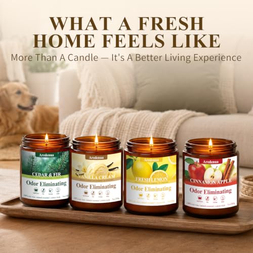 Image of 4-Pack Odor Eliminating Candles, 28 oz Soy Scented Candle for Home | Eliminates 95% of Pets, Smoke, Food and Bathroom Odors, 200 Hour Burn, Air Fresh Scent of Lemon, Vanilla, Apple, Cedar