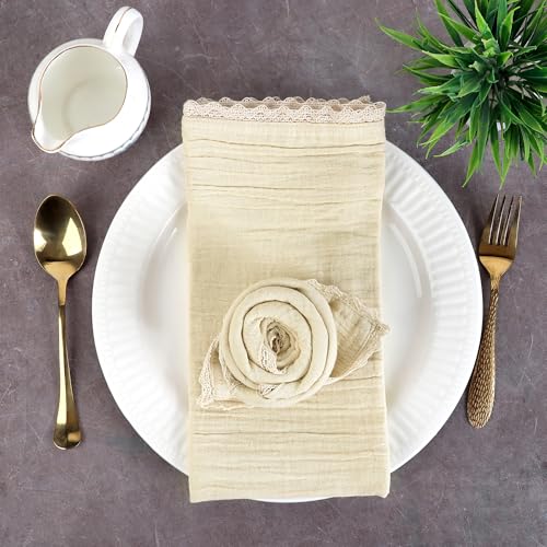 Image of FINGERCRAFT Cloth Napkins Set of 8, 20x20 Inch, Soft Cotton Muslin Dinner Napkins with Lace Edge, Reusable Washable Table Napkins for Wedding, Party, Dining & Home Decor (Beige)