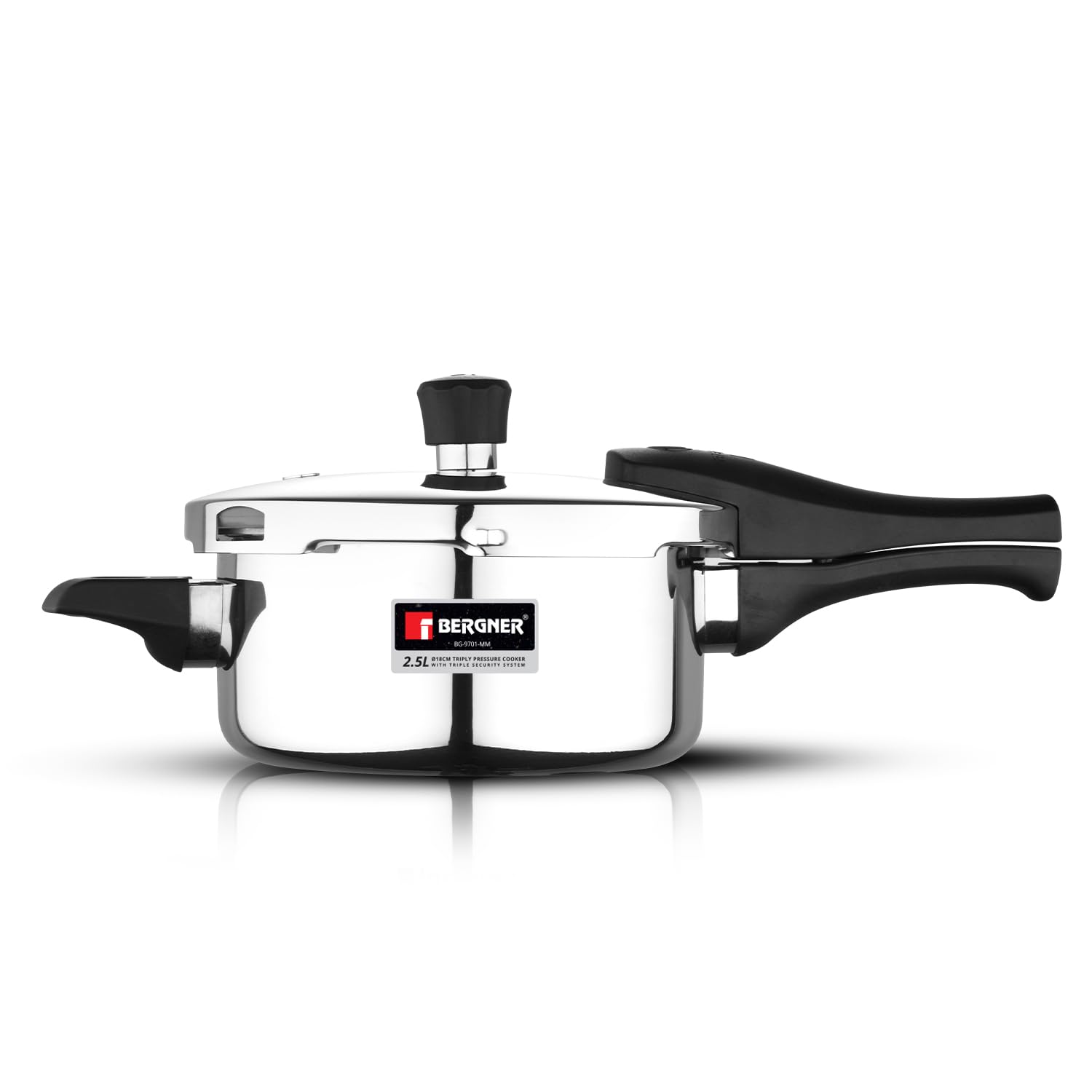 Bergner Argent Elements Triply Stainless Steel 2.4 L Outer Lid Pressure Cooker, Healthy Cooking, Even Heat Distribution, Sturdy Handle, Easy Lock System, Safety Gasket - Induction and Gas Stove Ready