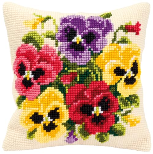 Image of Vervaco Cross Stitch Cushion kit Pansy Posy, 100% Cotton