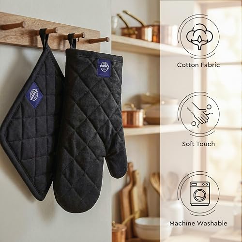 Image of Encasa XO Heat Resistant 100% Cotton Oven Glove & Potholder Set with Loop, Kitchen Cooking Mittens, Microwave Safe Hot Pads (Full Black)