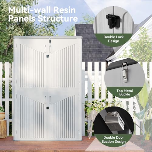Image of Aoxun White Resin Outdoor Storage Shed with 2 Shelves & Floor, 64 Cu.Ft Vertical Waterproof Cabinet for Garage, Pool, Bike, Garden Tools, Patio Furniture
