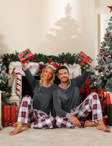 LecGee Matching Christmas Pajamas for Couples Long Sleeve Family Sleepwear Women Men Buffalo Plaid Pjs Pant with Pockets4
