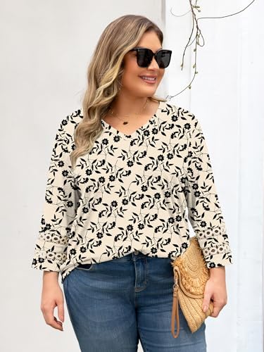 Chulianyouhuo Womens Plus Size Tops 3/4 Lace Sleeve Dressy Casual Blouses Trendy V Neck T Shirts Loose Fit Tees Tunic3