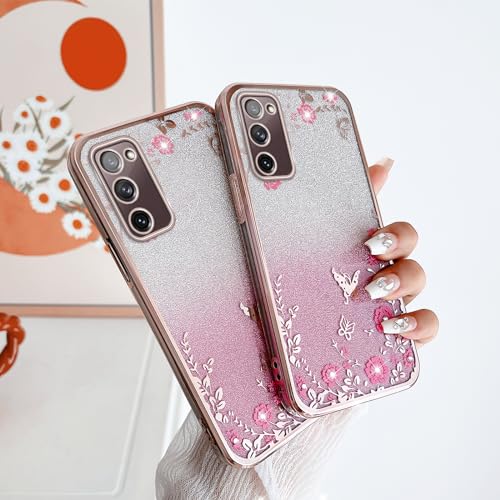 Image of for Samsung Galaxy S20 FE Case,S20 FE Case for Women Gradual Change Glitter Crystal Soft TPU Stylish Butterfly Floral Heart Clear Protective Cover with Strap for Samsung S20 FE (Rose Gold)