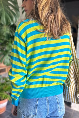 Women's Green Stripe Crew Neck Drop Shoulder Casual Sweater3