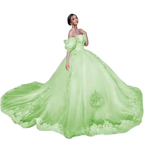 Mouccy Sweet Lace Off Shoulder Quinceanera Dresses Ball Gown Puffy Princess Dresses for 15 16 Floral Tulle Prom Gowns XXF038