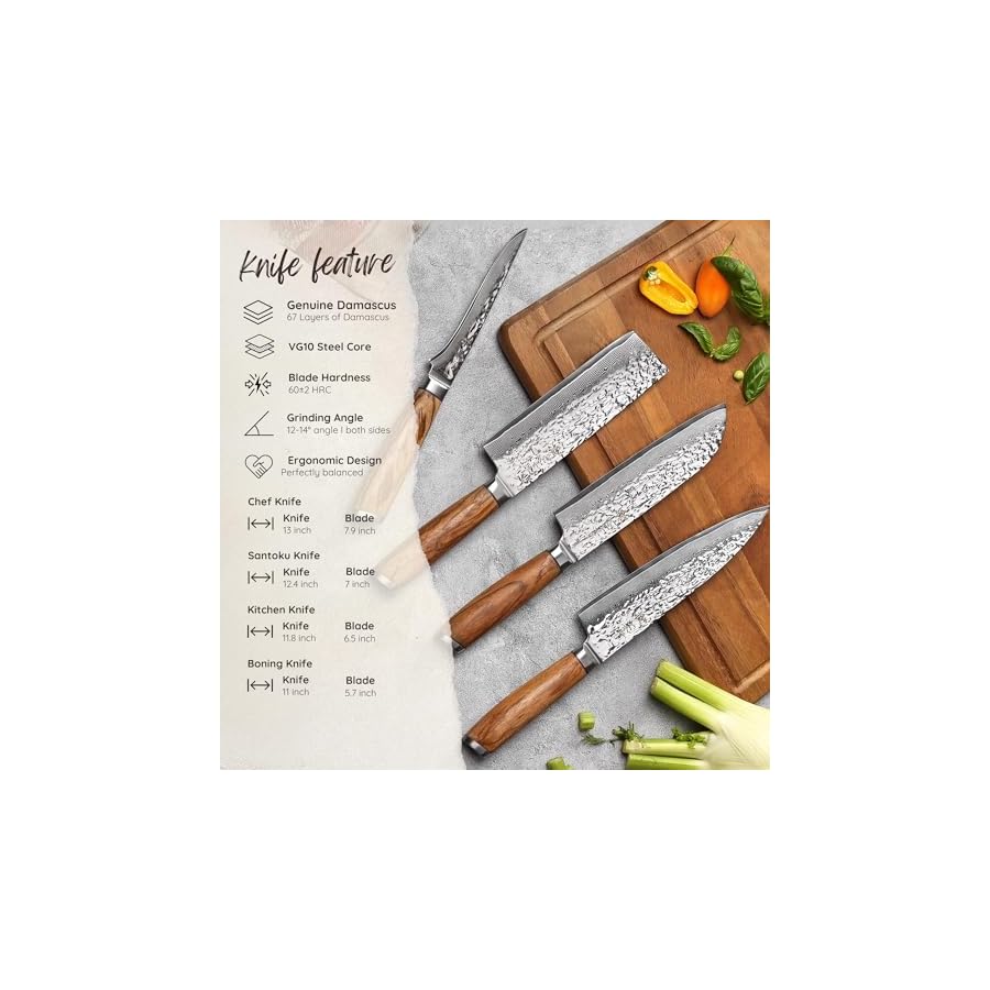 Wakoli Knife Block Sets, 4 Pieces Chef Knife Set with Block - Damascus Kitchen Knife Set with Magnetic Knife Block, Professional Kitchen Knife Block Set with Zebrawood Handles (Chef's Choice)