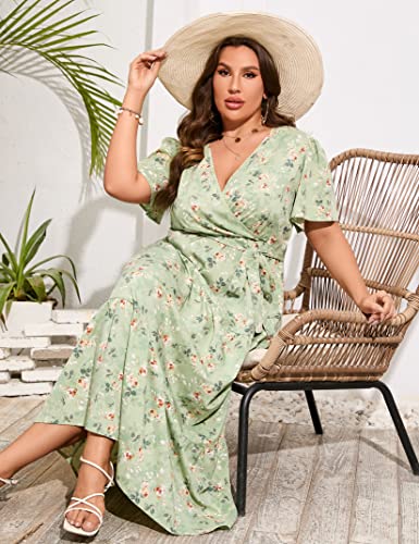 Image of ShopWonder Womens Plus Size V Neck Wrap Maxi Dress High Waist Ruffle Summer Casual Dress with Belt