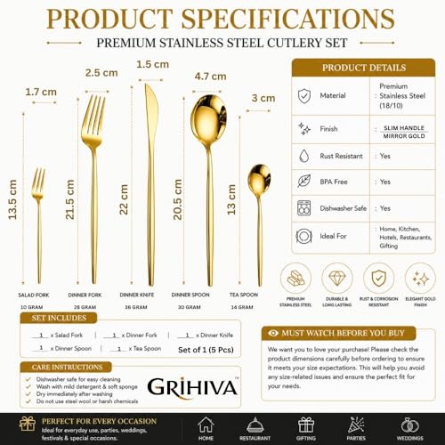 Image of 5 Pcs Gold Cutlery Set for Dining Table the Perfect Lightweight Silim Handle Tableware Including Dinner Spoon, Dinner Fork, Dinner Knife, Dessert Spoon & Dessert Fork