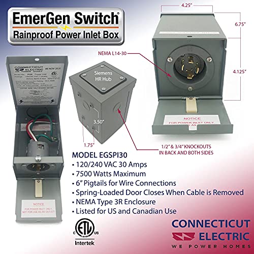 Connecticut Electric 30Amp Power Inlet Box with Hinged Door, NEMA 3R