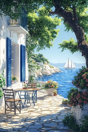 Notizbuch 160 Seiten Liniert – Mediterrane Terrasse und Meerblick.Reise Tagebuch und Schreibheft für den Urlaub.: Ein Journal für Urlaubsträume, ... Ferienhaus, mediterrane Träume.