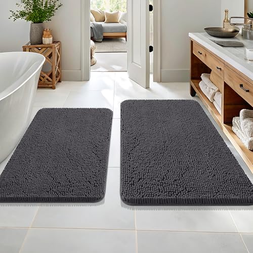 Image of OLANLY Bathroom Rugs Sets 2 Piece, Soft Absorbent Chenille Bath Mats Area Rug Set, Non-Slip, Quick Dry, Machine Washable Bath Mats for Bathroom, Home Decor Accessories (36 inchx24 inch+30 inchx20 inch, Dark Grey)