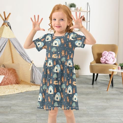 Summer Girl Dresses Cute Camper Bear Toddler Short Sleeve A-line Dress Casual Sundress4
