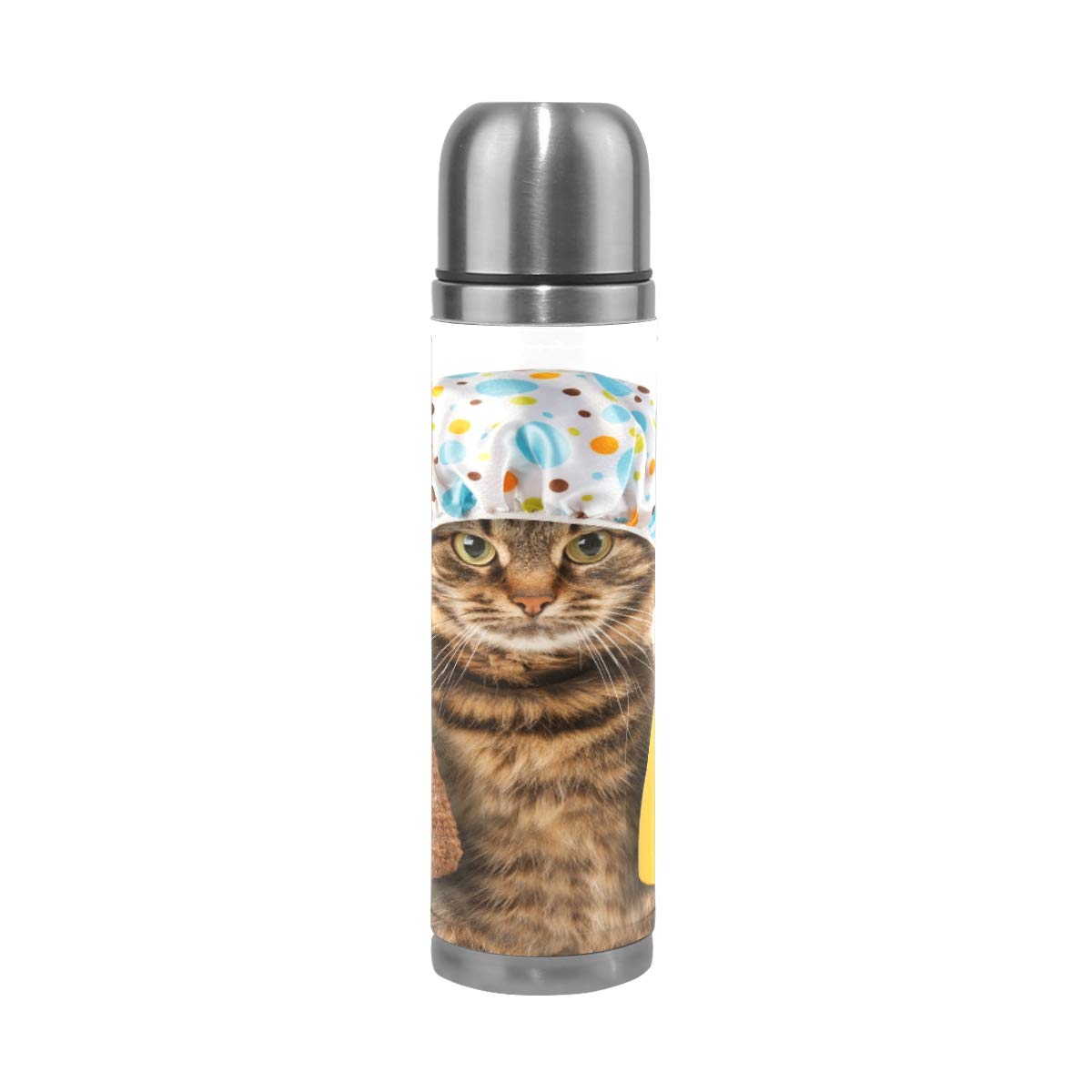 Taza de viaje aislada al vacío de acero inoxidable con doble pared a prueba de fugas, botella de taza con diseño de gato divertido personalizado impreso en piel auténtica, termo de 500 ml