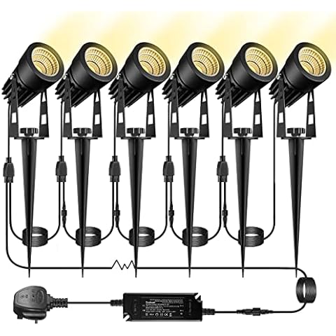 21m Extendable to 12 Garden Lights Mains Powered Premium Spotlights Outdoor Lighting LED 12V Spike Waterproof Uplighter for Patio Path (Warm White 6-Packs 18w 3 pin Plug Adapter) Cover
