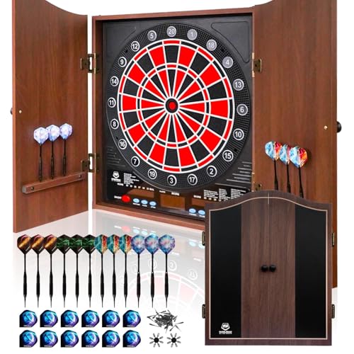 WIN.MAX Dianas Electrónicas de Dardos, Decorativo Diana Dardos Gabinete Set Ofrece 34 Juegos para hasta 8 Jugadores Incluyendo 12 Flechas de Punta Suave (Negro, Tamaño Convencional)