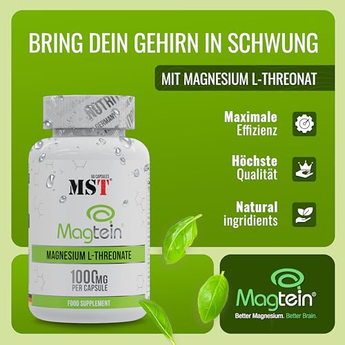 MST® Nutrition Magnesium L-Threonate 1000 mg pro Kapsel - L-Threonate 2000 mg pro Potrion hochdosiert – Magnesiumpräparat mit Magtein® (60 Kapseln)