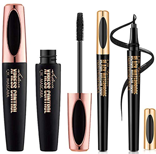 4D Silk Fiber Lash Mascara Eyeliner Set, Natural Long Lasting No Smudging Mascara Waterproof Smudge Proof Longer Thicker Voluminous Eyelashes, Liquid Eyeliner&Mascara Set(Black）