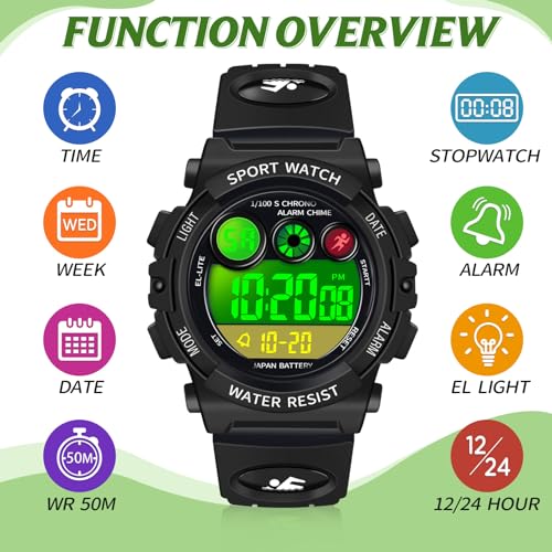 Image of Dayllon Kids Digital Watch,Boys Digital Outdoor Sport Waterproof Watch,with Calendar 12 /24H Alarm 7 Colorful Backlight Stopwatch Wristwatch for 3-15 Years Old