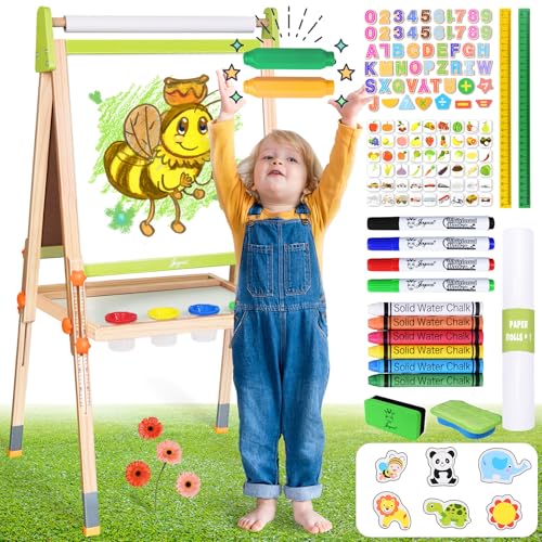 Image of Joyooss Art Easel for Kids, Double-Sided Magnetic Easel for Children with Whiteboard & Chalkboard, Deluxe Standing Easel for Toddler with Paper Roll & Painting Accessories Painting Station for Kids