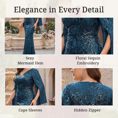 Image of Plus Size Formal Dresses for Women with Embroidery Sequin and Cape Sleeve, V-Neck Maxi Dress for Wedding and Party