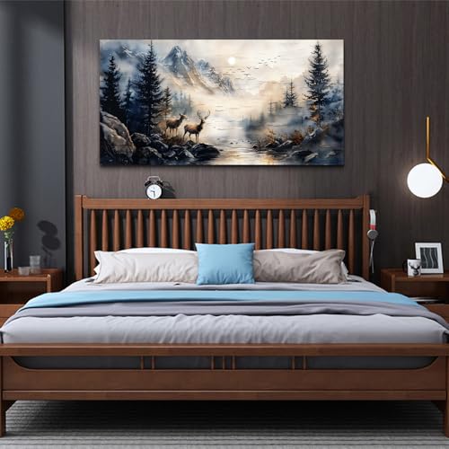 ERQINHUA Large Canvas Wall Art For Bedroom Wall Decorations For Living Room Modern Office Mural Abstract Ink Painting Elk Forest landscape Wall Pictures Printed Artworks Picture Home Decor 24"X48"