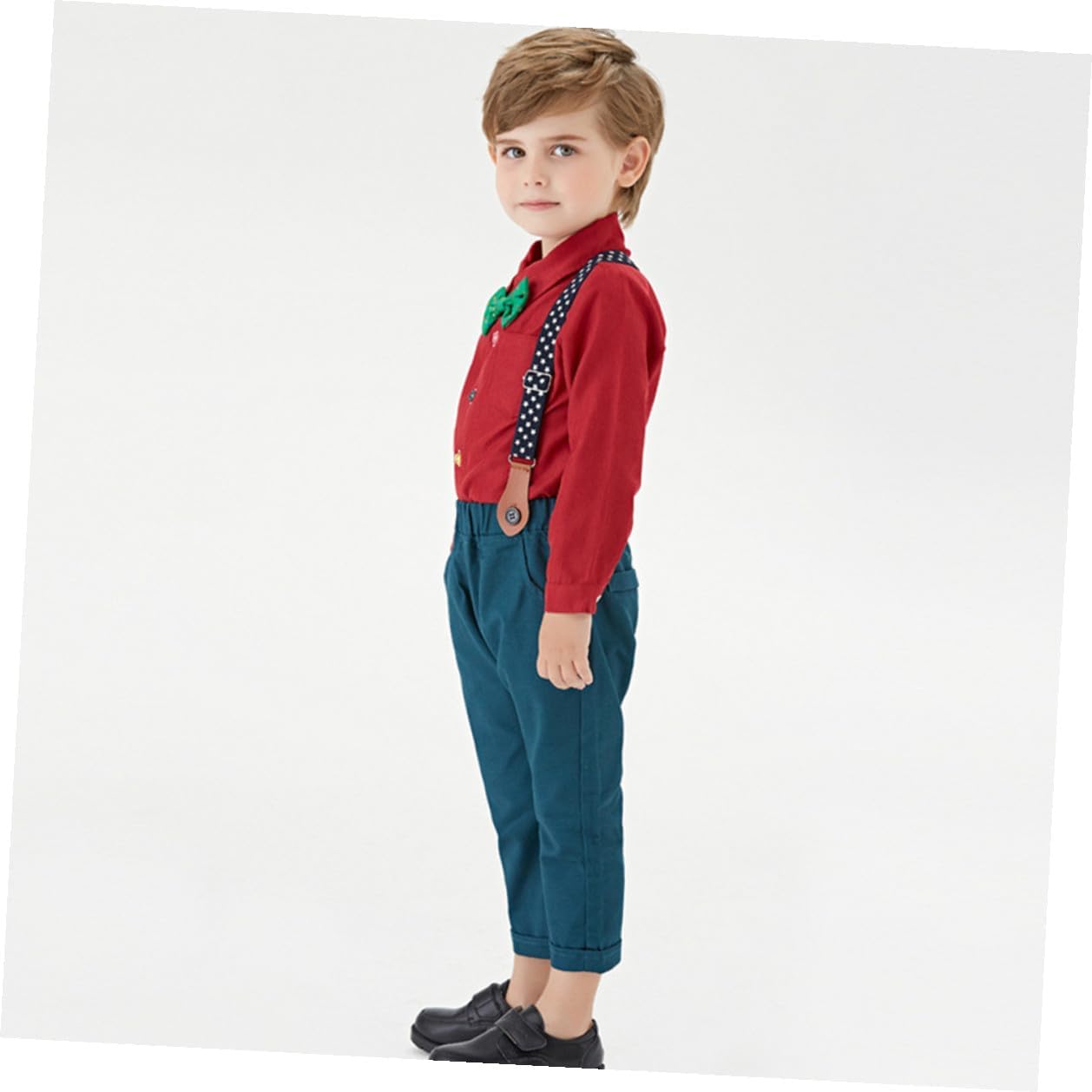 Christmas Set Long Sleeve Bow Tie Shirt and Red Suspender Trousers Outfit for Boys Height 120cm Festival Clothing Suit