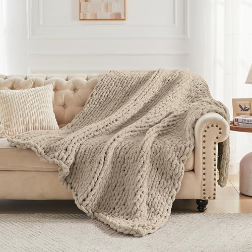 Carriediosa Chunky Knit Throw Blanket 50" X 60", 100% Hand Made Large Chenille Loop Yarn Soft Fluffy Throws for Couch Sofa Bed, Big Crochet Cozy Heavy Thick Cable Woven Blankets, Taupe - Image 7