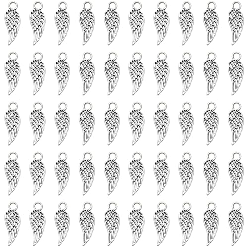 Colore: argento. JKJF 100 ciondoli a forma di ali d\'angelo, vintage, piume, ciondoli ali, per fai da te, bracciali, orecchini, collane, gioielli, argento, Lega