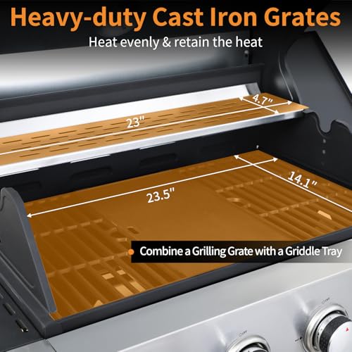 Image of 4 Burner Propane Gas Grill, 49,000 BTU Outdoor BBQ Grill with Cast Iron Grates & Griddle Combo, Large Cooking Area with Side Burner, Pullout Grease Tray, Portable for Backyard Patio