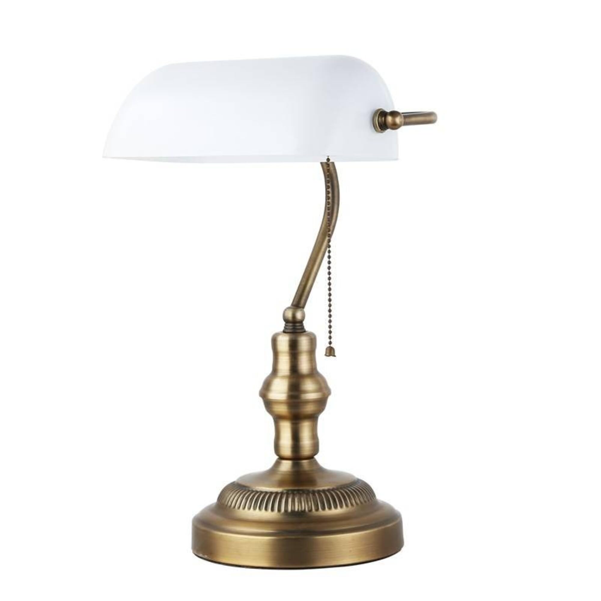 BARCELONA LED Lampada da Tavolo Vintage BANCHIERE E27 – Lampada da Scrivania Retrò con Paralume in Vetro Bianco, Base in Metallo Ottone, Ideale per Ufficio, Studio, Soggiorno Ristorante