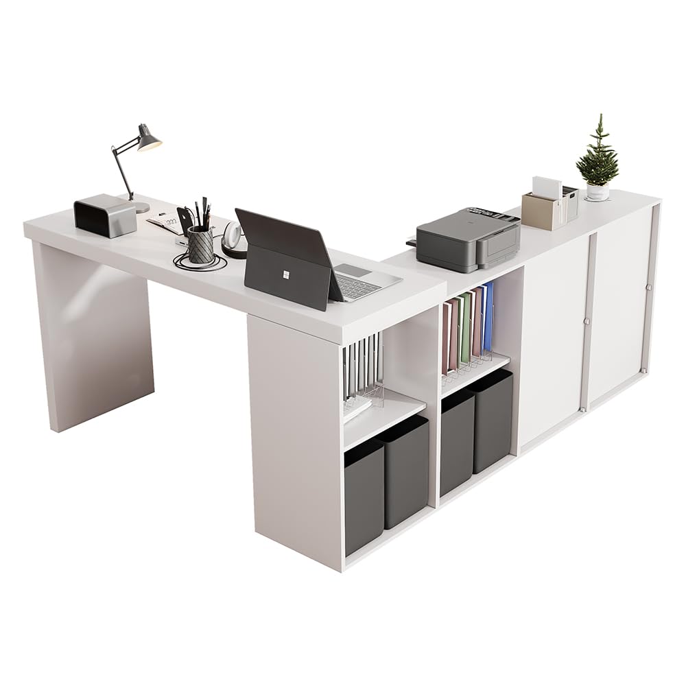 Sweiko Sideboard Table d'angle, Plateau pivotant à 360°,Peut être installée en L ou Droite, Plateau et Pieds renforcés de 4 cm, avec 4 Compartiments, 4 tiroirs (White)