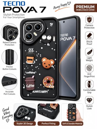 Image of Bintage Back Cover Compatible ForTecno Pova 7 5G | Cute 3D Taddy Ball Bear Milk Cake Coffee Silicon Case Full Body & Camera Protection - Black