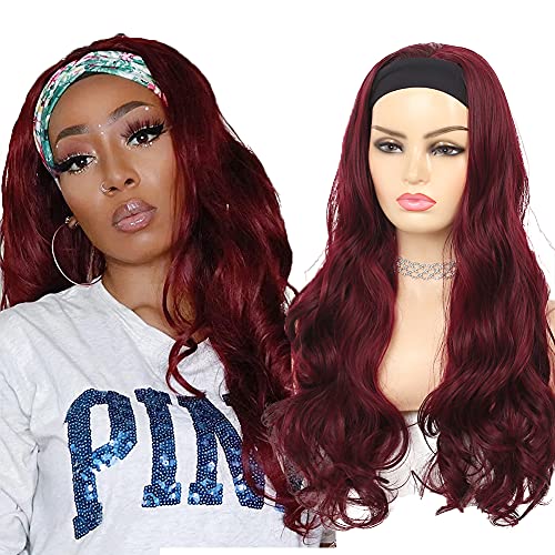 Kaneles Headband Wig for Black Women Body Wavy Wine Red Synthetic Headband Wigs Natural Looking for Daily Party Wear