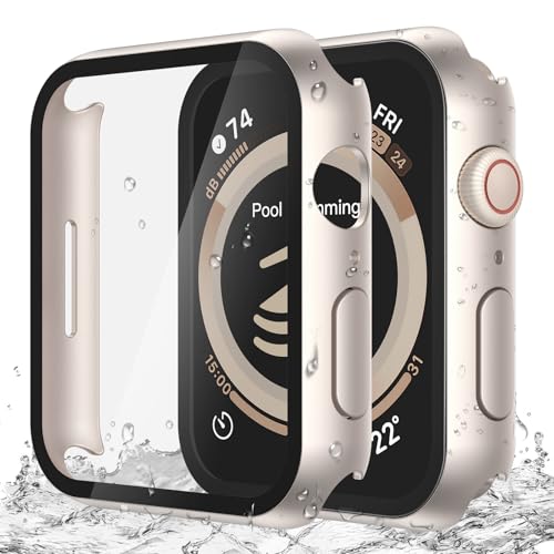 Image of Misxi [2 Pack] Waterproof Anti-Scratch Case with Button for Apple Watch SE 3 (2025) SE Series 6 Series 5 Series 4 40mm, Hard PC Cover with Tempered Glass Screen Protector for iWatch, Starlight