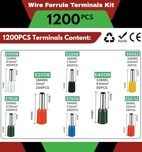Image of G-ENERGY 1200PCS Wire Ferrule Terminals Kit | Insulated Copper Bootlace Ferrule Connectors 22AWG-8AWG (0.5-10mm) Electrical Wire End Terminal Assortment for Control Panel & Industrial Wiring