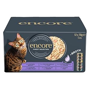 Encore 100% Natural Wet Cat Food, Multipack Chicken and Fish Selection in Broth 70 g Tins (Total of 48 Tins)