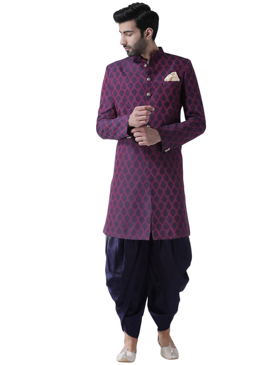 Kisah Men's Indo-Western Sherwani Dhoti Set, Purple Jacquard Woven Regular Fit Mandarin Collar Full Sleeves (S)