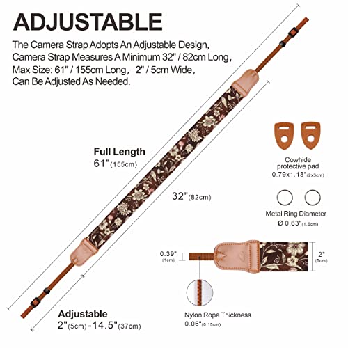 Image of Padwa Lifestyle Japanese Brown Printed Floral Camera Strap - 2 inch Wide Double Layer Cowhide Head Camera Straps for Photographers, Universal Neck & Shoulder Cotton Padded Vintage Strap for Cameras