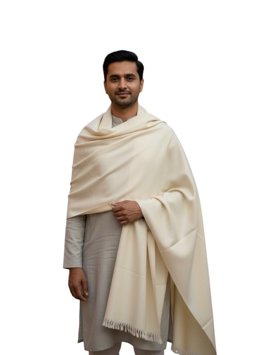 Lohi Traditional Men's Kashmiri Wool Shawl, Cream White, Full Size, Handcrafted Winter Wrap with Fringe Detail-image-49