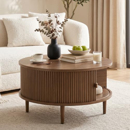 Image of Round Lift Top Coffee Table, 31.5 Inch Mid Century Modern Center Table with Hidden Storage & Sliding Door, Fluted Walnut Drum Table for Living Room