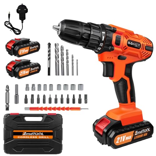 21V Cordless Power Drill with 2 Batteries 1500mAh 45N.m Max Electric Screwdriver Drill Set 2 Speed Hammer Drill, 25+1 Torque, 3/8" Keyless Chuck Driver Tool with 26 Drill Bits,1 Kitbox,Fast Charger