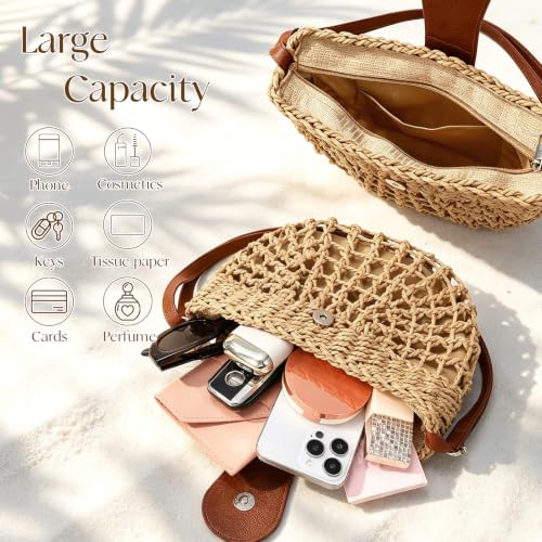 Image of Straw Bag Beach Purse Summer Purses for Women Vacation Handbags Woven Crossbody Bags Straw Shoulder Bag
