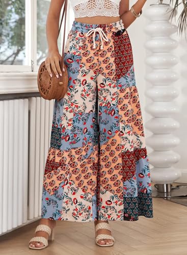 Womens Boho Floral Palazzo Pants Wide Leg Casual Elastic High Waist Drawstring Trousers2