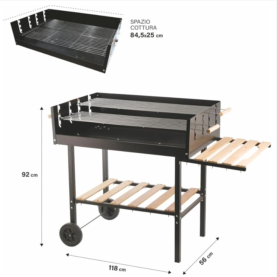 216088 Barbecue Rettangolare a Carbone Acciaio 2 Ruote 2 Griglie 2 Ripiani in Legno 118x56x92 cm con Mensola Porta Oggetti Picnic BBQ Giardino Terrazzo