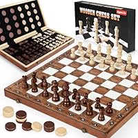 Perbabe Chess Set And Checkers 2 In 1, 16\"X16\" Wooden Chess Board Game For Kids Adults Travel Chess Set Can Foldable Chess With 2 Extral Queen Gifts For Boys Girls, Birthday, Thanksgiving, Christmas