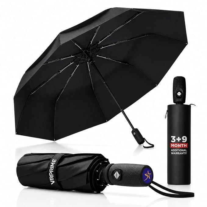 Image of Umbrella for Men Rain | Foldable Fully Automatic, Windproof Ribs Umbrella with Travel Cover for Men & Women (Black) (REFLECTIVE)