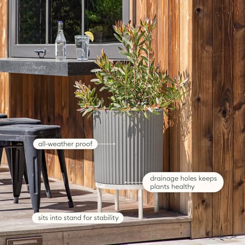 Image of Veradek Demi Series Raised Planter - Round Planter with Stand | Made From a Durable Plastic-Stone Composite & Comes With Wooden Stand. Modern Porch /Patio Decor